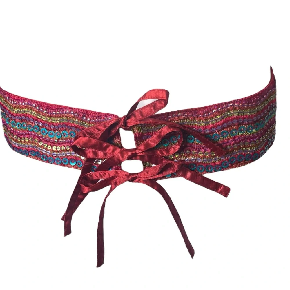 Vintage Sequin Belt Tie Red Blue Bohemian Festival Old Navy Size S/M
